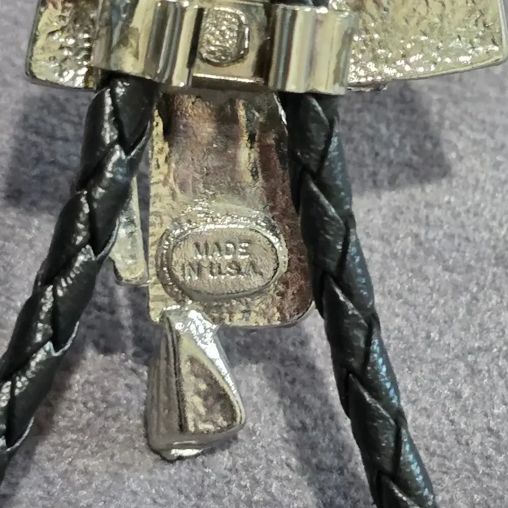 Old Country Western Silver & Black Saddle Leather Bolo Neck Tie Made In USA